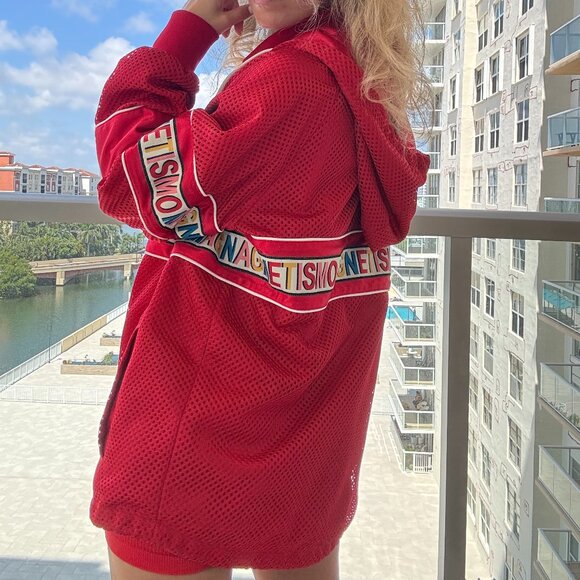 Gucci Red Mesh & Satin Magnetismo Stripe Trimmed Zip Front Hooded Jacket - Picture 6 of 14